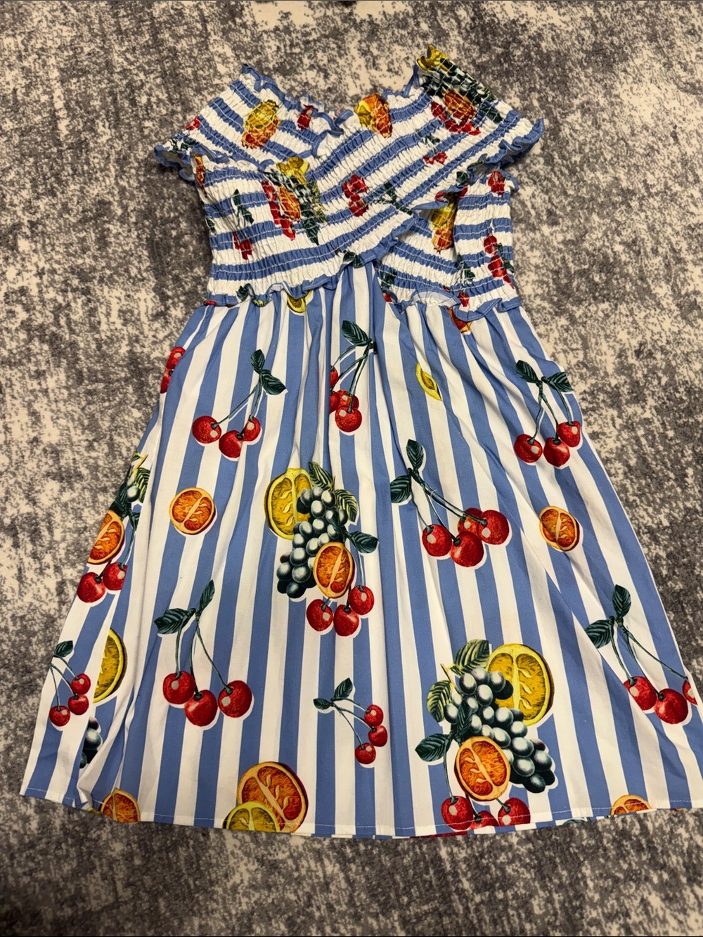 Show Me Your MuMu Blue & White Striped Fruit-Print Mini Dress